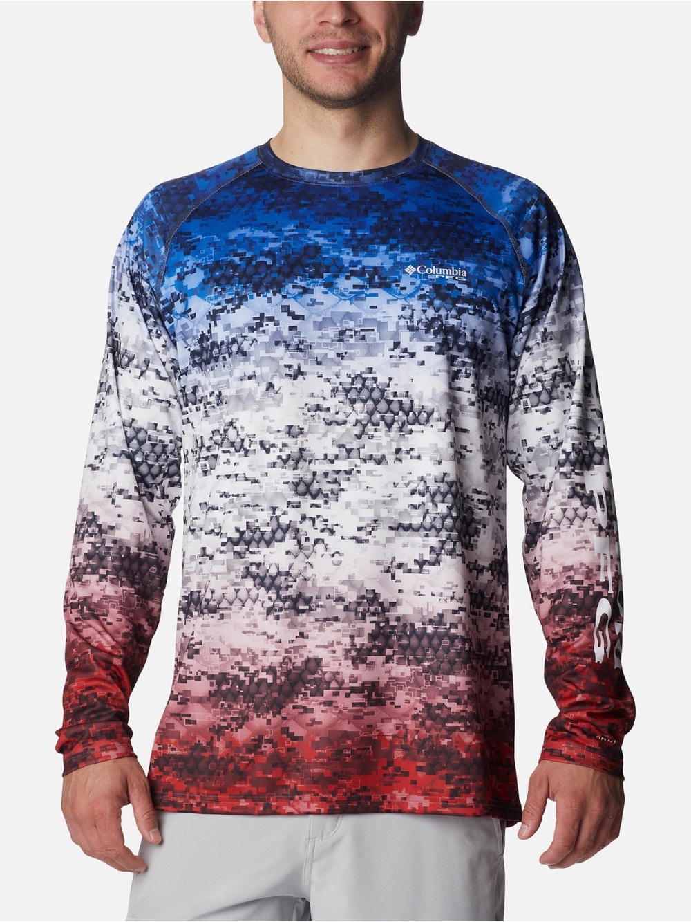 Columbia PFG Boy’s Long Sleeve Tech Shirt - Blue White Red Ombre